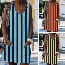 Fashion Sleeveless Round Neck Front-pocket Striped Dress