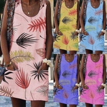 Casual Style Sleeveless Round Neck Printed Dress