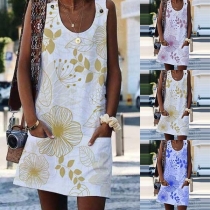 Fashion Sleeveless Round Neck Front-pocket Printed Dress
