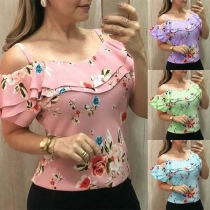 Sexy Off-shoulder Ruffle Printed Sling Top 