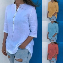 Fashion Solid Color 3/4 Sleeve V-neck Blouse 