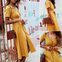 Sexy V-neck Slit Hem Short Sleeve Solid Color Dress