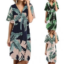 Sexy Backless V-neck Short Sleeve Printed Dress