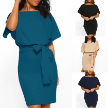 Elegant Solid Color Short Sleeve Slim Fit Dress