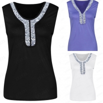 Fashion Sequin Spliced Short Sleeve V-neck T-shirt 