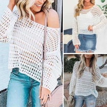Sexy Long Sleeve Round Neck Hollow Out knit Smock 