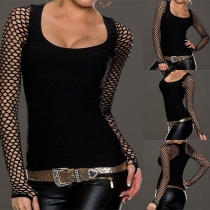Sexy Hollow Out Gauze Spliced Long Sleeve Slim Fit T-shirt 