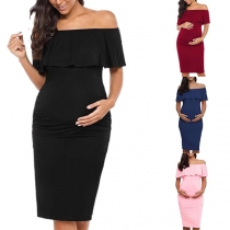 Sexy Ruffle Boat Neck Solid Color Slim Fit Maternity Dress