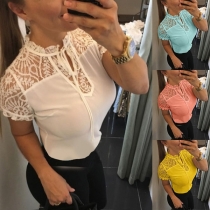 Fashion Solid Color Short Sleeve Lace Spliced T-shirt 