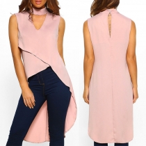 Chic Style Sleeveless High-low Hem Solid Color Top 