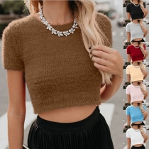 Sexy Short Sleeve Round Neck Solid Color Knit Crop Top 