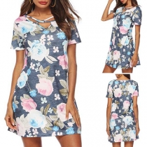 Sweet Style Short Sleeve V-neck Slim Fit Printed Dress