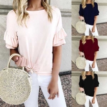 Fashion Lotus Sleeve Round Neck Solid Color Loose T-shirt 