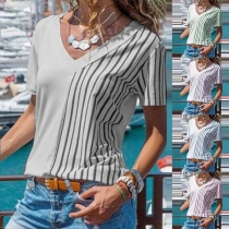 Fashion Short Sleeve V-neck Striped Spliced T-shirt 
