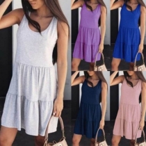 Simple Style Sleeveless Round Neck Solid Color Beach Dress