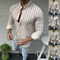 Fashion Long Sleeve Stand Collar Men's Striped Shirt 