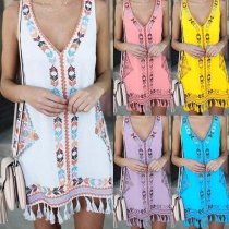 Ethnic Style Sleeveless V-neck Tassel Hem Embroidery Dress