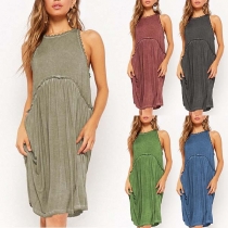 Fashion Solid Color Sleeveless Round Neck Lace Spliced Dress