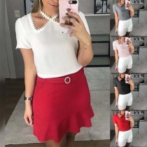 Fashion Solid Color Short Sleeve Lace Spliced Crossover Halter T-shirt 