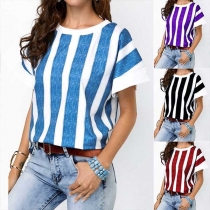 Fashion Short Sleeve Round Neck Striped T-shirt