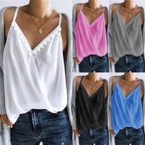 Sexy Backless V-neck Lace Spliced Solid Color Cami Top 