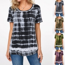 Fashion Short Sleeve Round Neck Lace Spliced Hem Printed T-shirt 