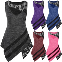 Fashion Sleeveless Round Neck Lace Spliced  Irregular Hem Top 