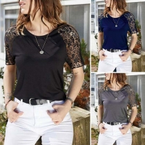 Fashion Lace Spliced Short Sleeve Round Neck T-shirt 
