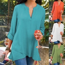 Fashion Long Sleeve V-neck Irregular Hem Loose T-shirt 