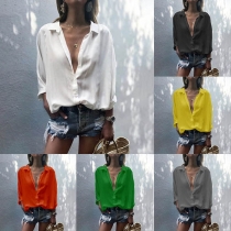 Fashion Solid Color Long Sleeve POLO Collar Chiffon Shirt 