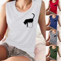 Cute Cat Printed Round Neck Casual Tank Top 