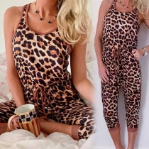 Fashion Sleeveless Round Neck Leopard Printed Jumpsuit 