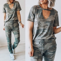 Fashion Camouflage Printed Short Sleeve T-shirt + Pants Two-piece Set 