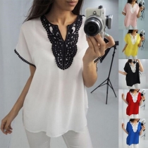 Fashion Short Sleeve V-neck Lace Spliced Chiffon Top 