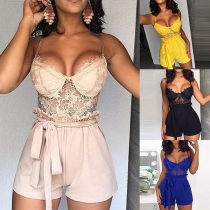 Sexy Backless V-neck Lace Spliced High Waist Sling Romper 