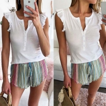 Fashion Solid Color Sleeveless Round Neck Ruffle T-shirt 