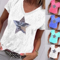 Fashion Sequin Star Short Sleeve V-neck T-shirt