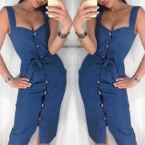 Sexy Backless Front-button Slim Fit Sling Denim Dress