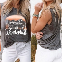Casual Style Sleeveless Round Neck Printed T-shirt 