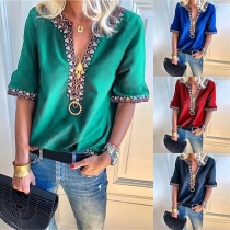 Bohemian Style Half Sleeve V-neck Printed T-shirt 