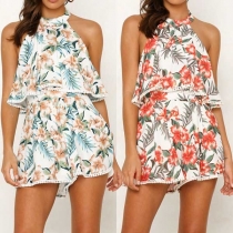 Sexy Off-shoulder High Waist Printed Halter Romper 