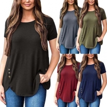 Fashion Short Sleeve Round Neck Side-button Loose T-shirt 