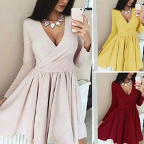 Sexy Deep V-neck Long Sleeve Solid Color Dress