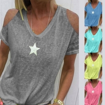 Sexy Off-shoulder Short Sleeve V-neck Solid Color T-shirt 