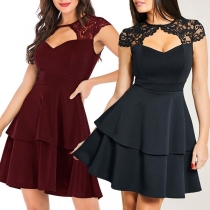 Sexy Hollow Out Lace Spliced High Waist Dress