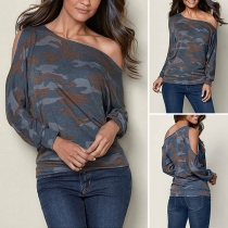 Sexy Off-shoulder Long Sleeve Camouflage Printed T-shirt