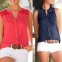 Fashion Sleeveless V-neck Lace Spliced Solid Color Top 