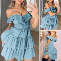 Sexy Off-shoulder Solid Color Ruffle Dress
