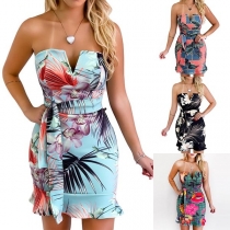 Sexy Strapless V-neck Ruffle Hem Slim Fit Printed Dress