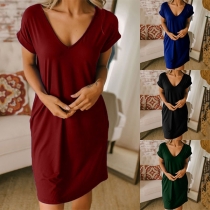 Fashion Solid Color Short Sleeve V-neck Loose Dress